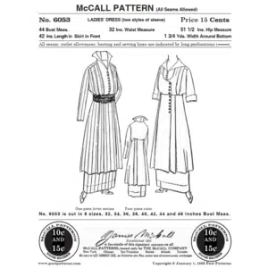 Black-and-white reproduction of the Mid 1910s Ladies Dress Sewing Pattern, Past Patterns 6053. Original 1914 McCall cover artwork showing tunic and sleeve variations.