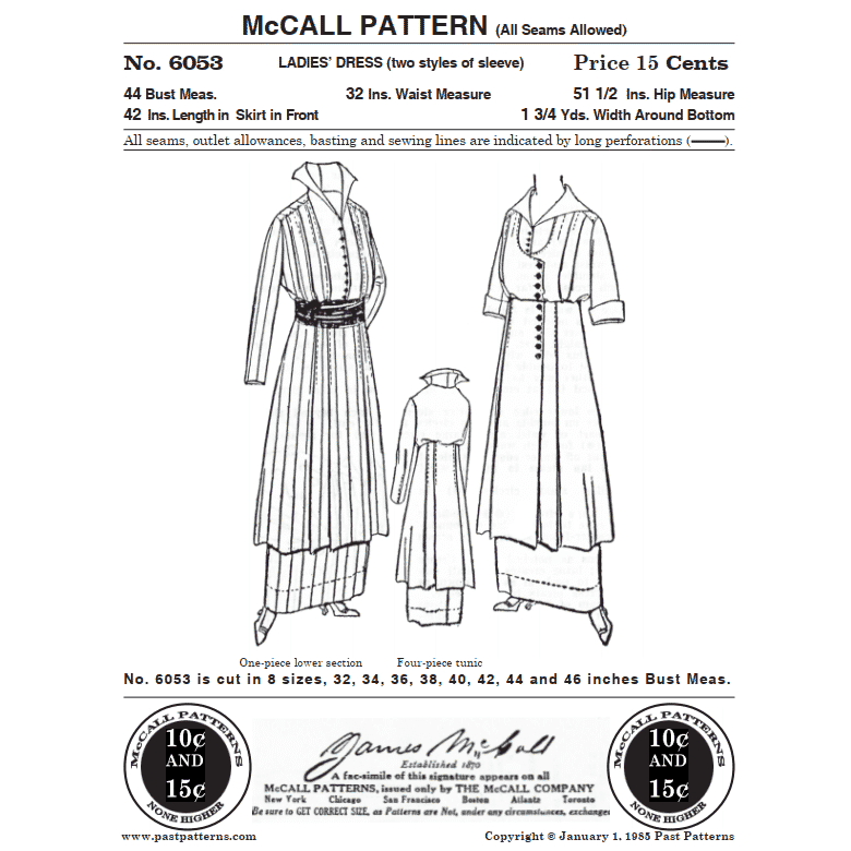 Mid 1910s Ladies Dress Sewing Pattern Bust 44 B44 McCall Pattern
