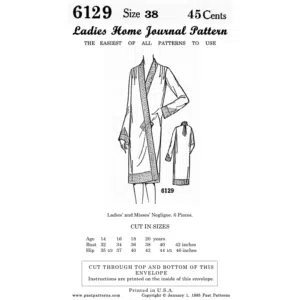 Front cover reproduction of Late 1920s One-piece Wrap-around Negligee Sewing Pattern by The Ladies Home Journal, featuring period artwork and sizing chart.
