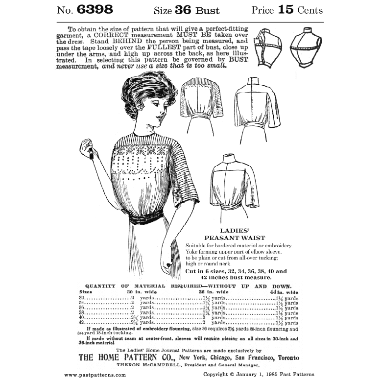 Mid 1910s Peasant Waist Sewing Pattern bust 36 b36 Ladies Home Journal  reproduction | 6398 | Past Patterns