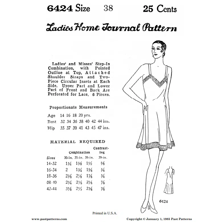 Black and white reproduction of original cover for Early 1930s Step-in Combination Downloads showing Ladies Home Journal lingerie illustration and sizing chart