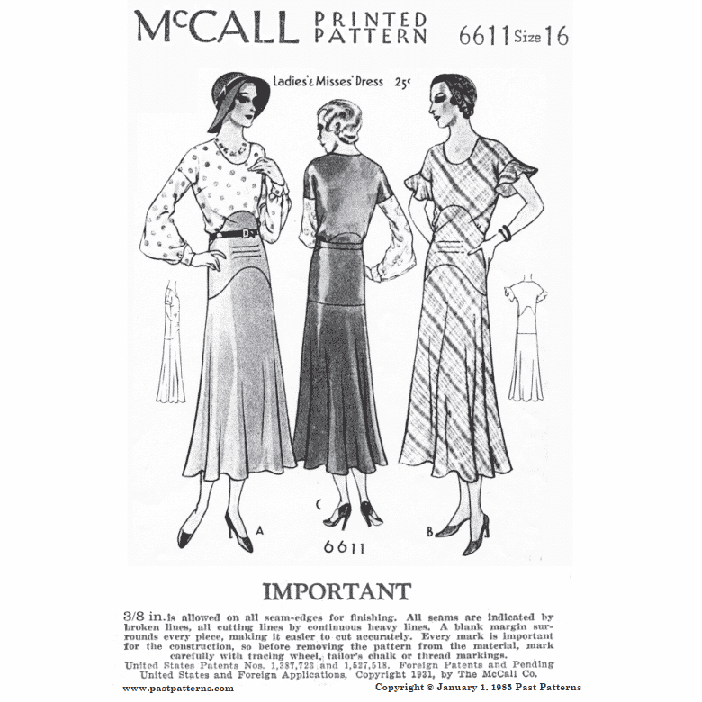 Early 1930s Dress With Waist Yoke Sewing Pattern Bust 34 B34