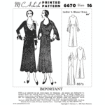 1930s Dress with Side-tie Collar Downloads | Past Patterns 6670 Black and white reproduction of original cover for 1930s Dress with Side-tie Collar Downloads 6670 showing fitted early 1930s dress with dramatic slashed neckline and side-tie collar detail.