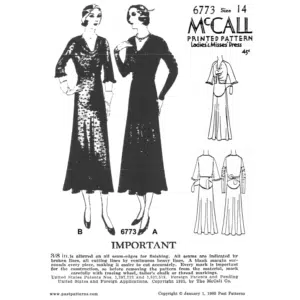 1930s Dress with Gathered Neckline Downloads pattern showing McCall 6773 envelope artwork with long and short sleeve dress variations