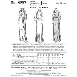 Black and white reproduction of original Butterick artwork for mid 1910s dress downloads, showing raglan bodice, stand-away collar, and clearing-length skirt