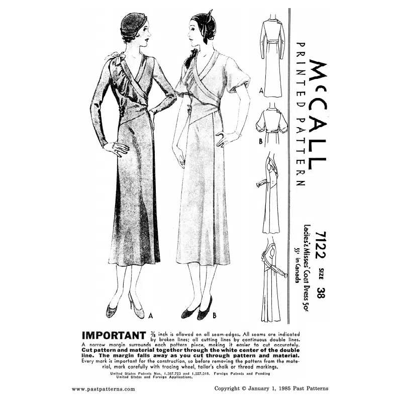 Black and white cover image for Early 1930s Ladies Coat Dress Downloads showing surplice neckline, shoulder bow, puff sleeves, and sash.
