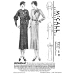 Black and white original McCalls cover artwork for 1930s Dress with Front Button Closure Downloads, showing two dress variations with button front closure and sleeve options, Past Patterns 7227.