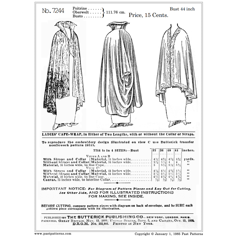 Mid 1910s Cape Wrap Sewing Pattern bust 44 b44 Butterick Pattern Co  reproduction | 7244 | Past Patterns