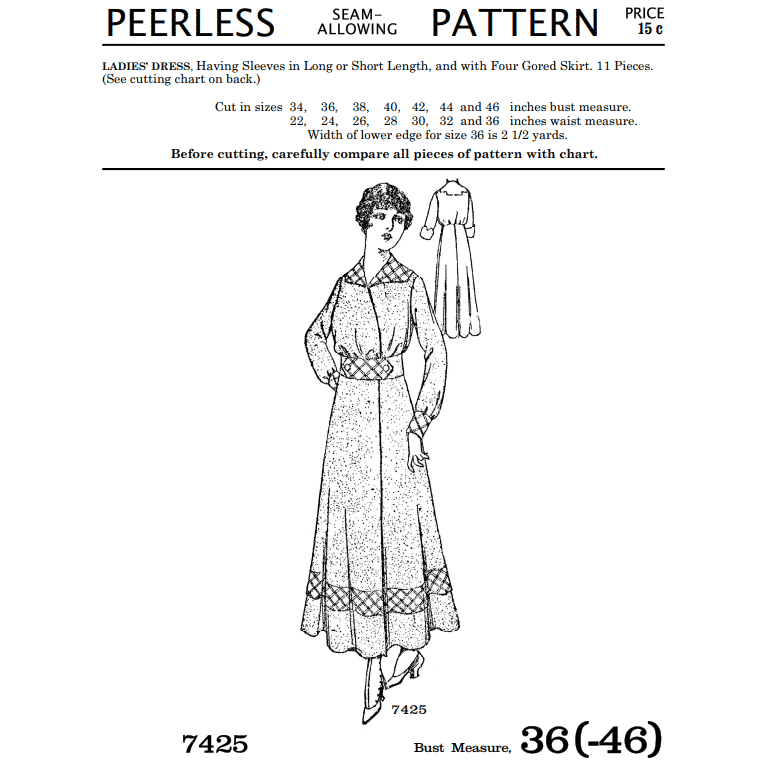 1920s Dress With Four Gored Skirt Sewing Pattern Bust Sizes 36-46 Peerless  Pattern Co Reproduction, 7425