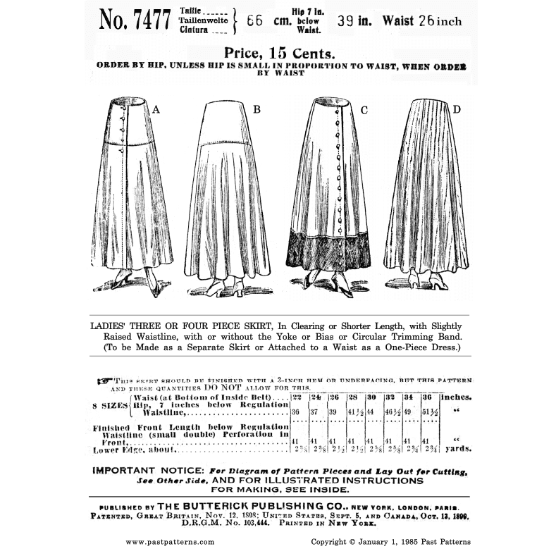 Mid 1910s Three Or Four Piece Skirt Sewing Pattern Butterick Pattern ...