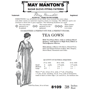 Black and white reproduction of the original May Manton cover for Past Patterns 8109, showing an Early 1910s tea gown with lace-trimmed bodice, long vertical paneling, and inset front and back views.