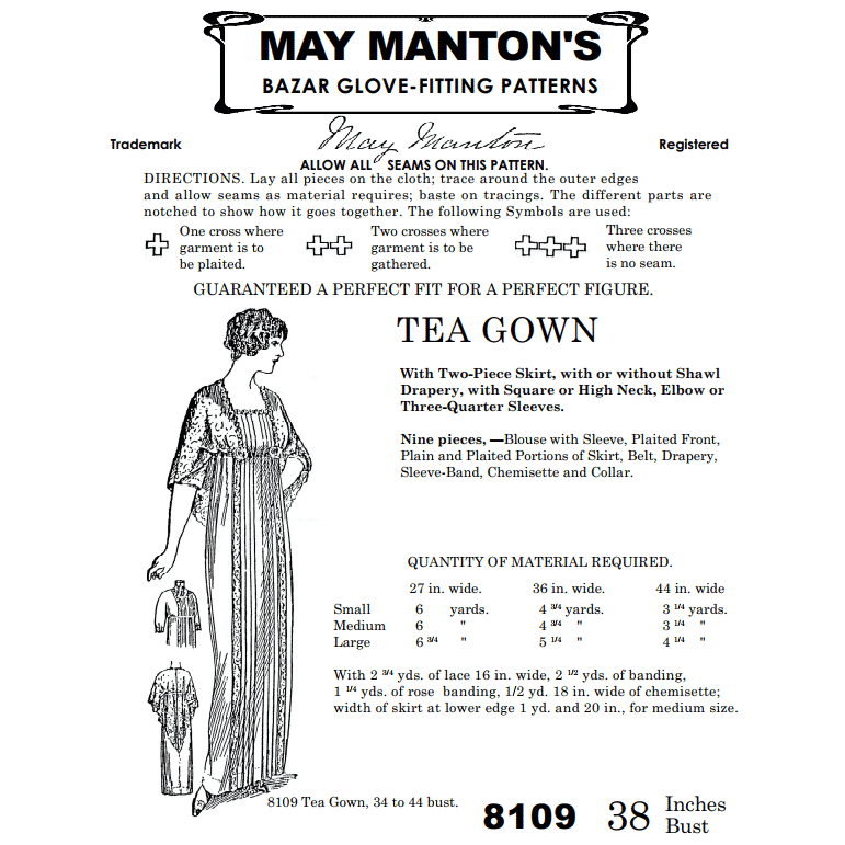 Early 1910s Tea Gown Sewing Pattern Bust 38 B38 May Manton Reproduction, 8109