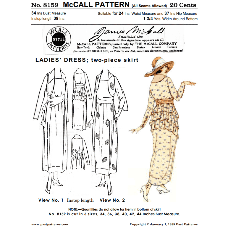 Late 1910s Dress with Two-Piece Skirt Sewing Pattern bust 34 b34 McCall  reproduction | 8159 | Past Patterns