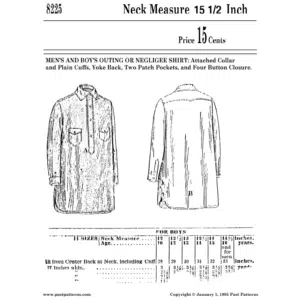 Black-and-white reproduction of the original 1920s Mens Outing Shirt Sewing Pattern 8225 cover, showing men’s outing shirt with collar, cuffs, pockets, and button closure.
