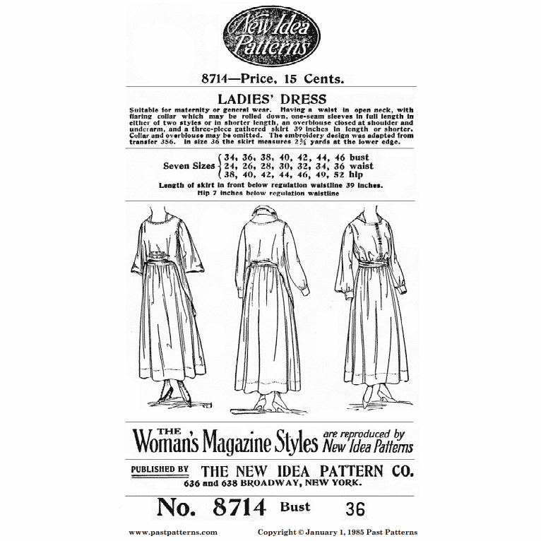1820s Lowell Mill Dress Sewing Pattern Bust Sizes 32-48 Past