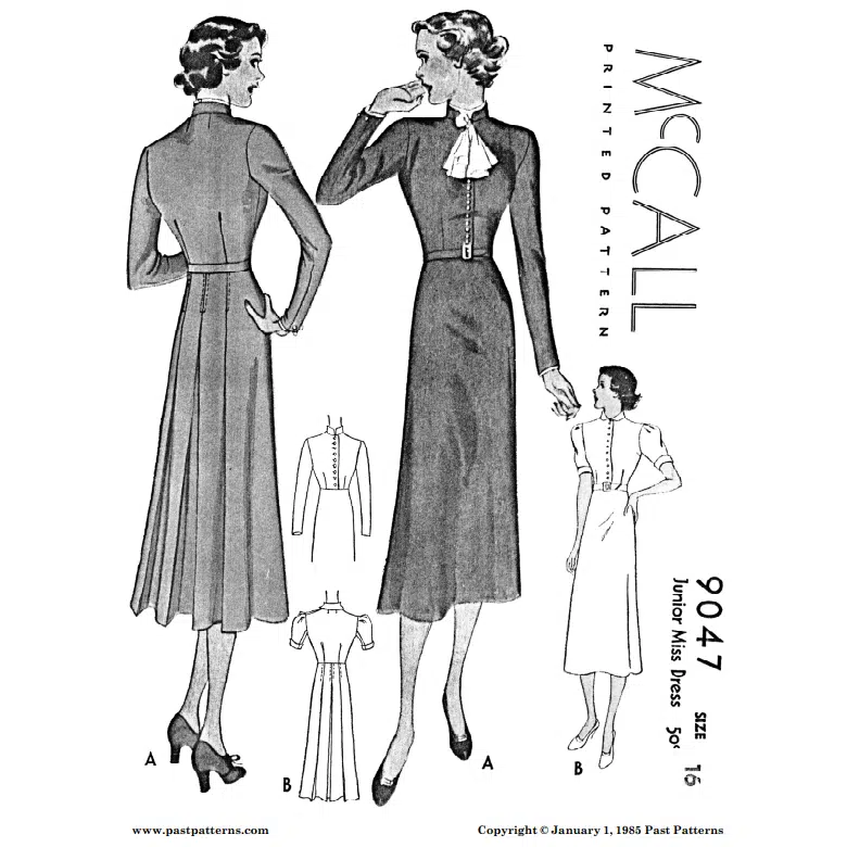 Original McCall 1936 artwork for Late 1930s Button Front Dress Downloads, showing both dress variations.