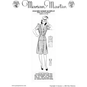 Original black-and-white reproduction cover for Early 1940s Two-Piece Dress with Ruffles Downloads, Past Patterns 9154, depicting Marian Martin’s blouse with ruffles and matching skirt.