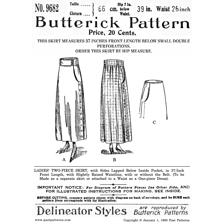 Late 1910s Two-Piece Skirt Sewing Pattern Butterick Reproduction | 9682 ...