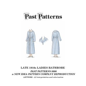 This hand-colored illustration accompanies the Late 1910s Ladies Bathrobe Sewing Pattern, showcasing the garment in front and back views with a detailed collar inset. Rendered in period-appropriate soft blue tones, the artwork highlights the robe’s ankle-length silhouette, two-seam sleeves, optional patch pockets, and convertible collar that may be worn closed or rolled open—faithfully reflecting late 1910s domestic fashion.