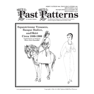Victorian Riding Habit Ensemble Sewing Pattern illustration of late Victorian equestrienne outfit with riding jacket, side saddle skirt, and riding trousers