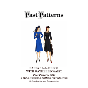 Colorized line art of an early 1940s dress with gathered waist sewing pattern, showing two women in period dresses with bows, fitted bodices, and softly flared skirts