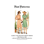 Early 1940s Button Front Dress Sewing Pattern | Past Patterns 4728 Early 1940s Button Front Dress Sewing Pattern illustration showing front and back views with short sleeves, buttoned bodice, and flared skirt