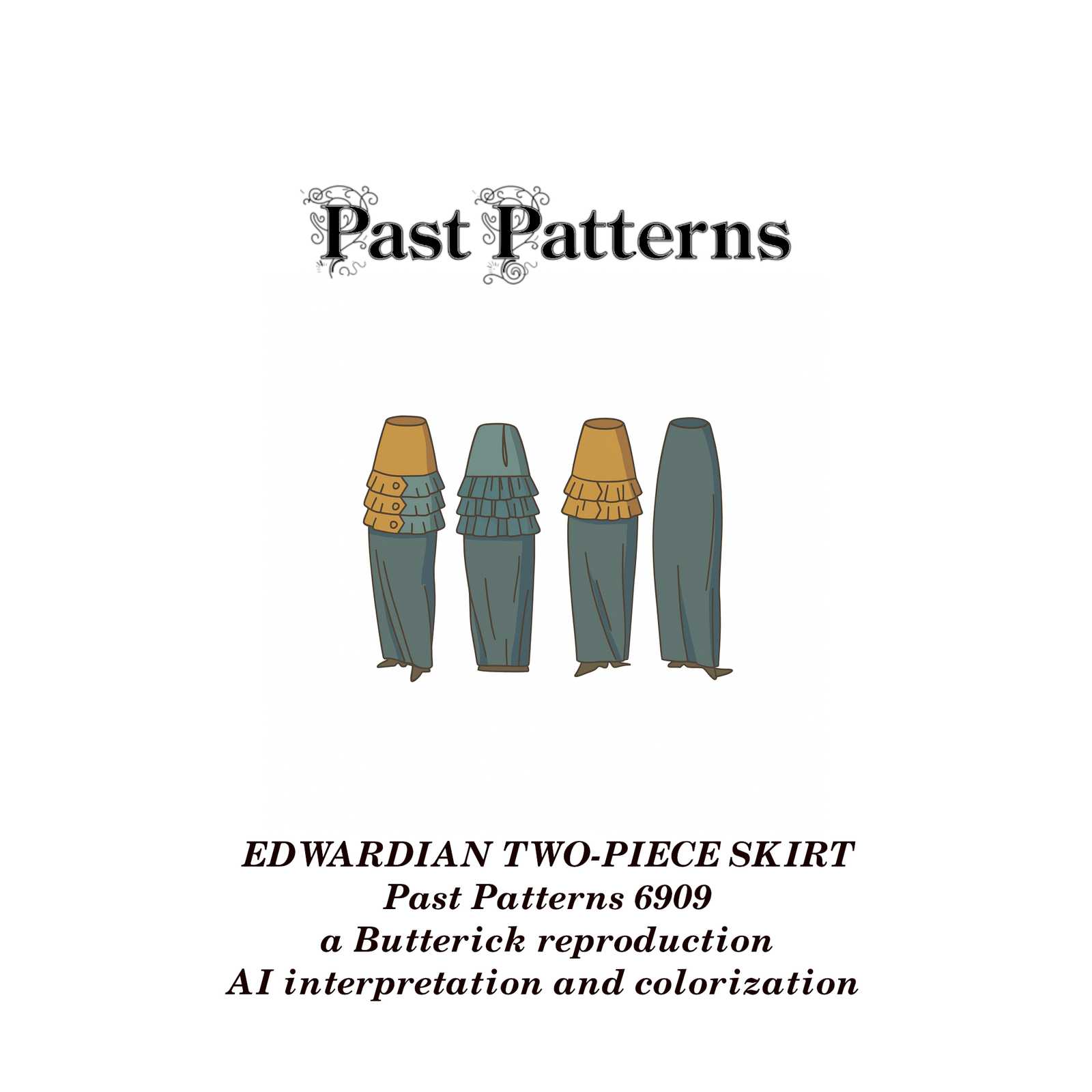 Edwardian Two-Piece Skirt Sewing Pattern illustrated front cover showing four skirt variations with optional ruffles and raised waistline in 1910s style.