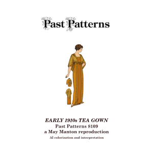 Colorized illustration of an Early 1910s Tea Gown Sewing Pattern, showing a mustard-gold Edwardian tea gown with lace-trimmed sleeves, vertical paneling, and inset front and back views based on the original May Manton design.