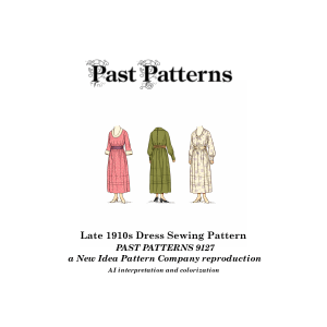 Late 1910s Dress Sewing Pattern colorized line art showing front, back, and sleeve variations with gathered skirt, open neckline, and belt-defined waist, Past Patterns 9127.
