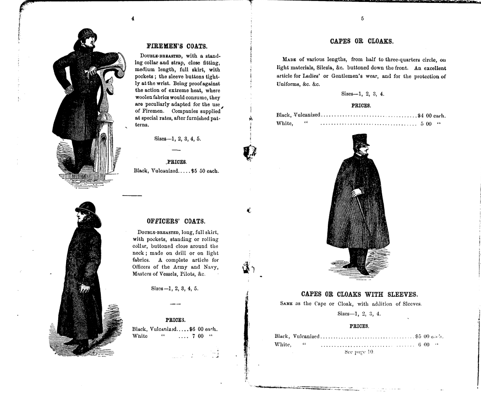 Rubberized Firemen's Coats, Officers' Coats, Capes, Cloaks - 1858 Union Rubber Co Catalogue