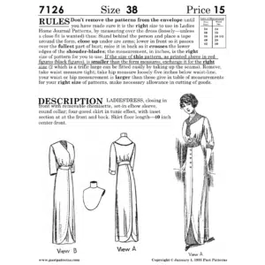 Black and white reproduction of Early 1900s Front Closing Dress Downloads cover, Past Patterns 7126, originally issued by the Home Pattern Co.