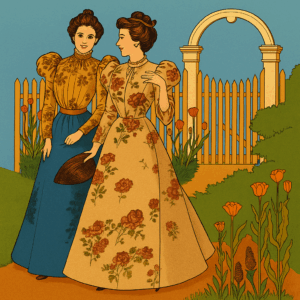 Colorized illustration of two women in 1890s attire, one in a golden blouse with royal blue skirt and the other in a beige floral gown, standing in a garden with a white arched gate and blooming orange flowers – 1890s Circular Bell Skirt Downloads based on Past Patterns 0208 Cover