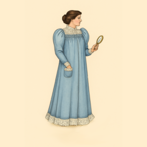 Colorized illustration of a woman in a light blue 1890s nightgown with leg o’ mutton sleeves, eyelet lace trim on the collar, cuffs, hem, and pocket, holding a hand mirror — based on Past Patterns 0214 sewing pattern.