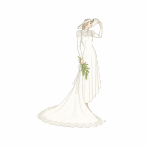 Late 1930s Wedding Gown with Train Downloads – digital illustration of a 1930s bride in a white gown with cathedral train and lace detailing.