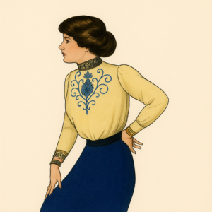 Colorized illustration of an Edwardian woman wearing an embroidered lingerie blouse with high lace collar and a dark blue skirt, based on a 1910s sewing pattern.