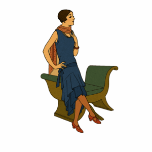 Mid 1920s Slip-On Dress Downloads – Illustrated 1920s flapper dress in cobalt blue with scarf and coral shoes, seated on Art Deco bench, from Past Patterns 0503