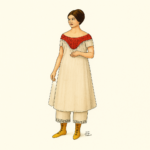 Colorized illustration of an 1860s woman wearing a yoked chemise with red embroidered detailing, cream drawers with lace trim, and mustard yellow stockings — based on Past Patterns 0707 historical sewing pattern.