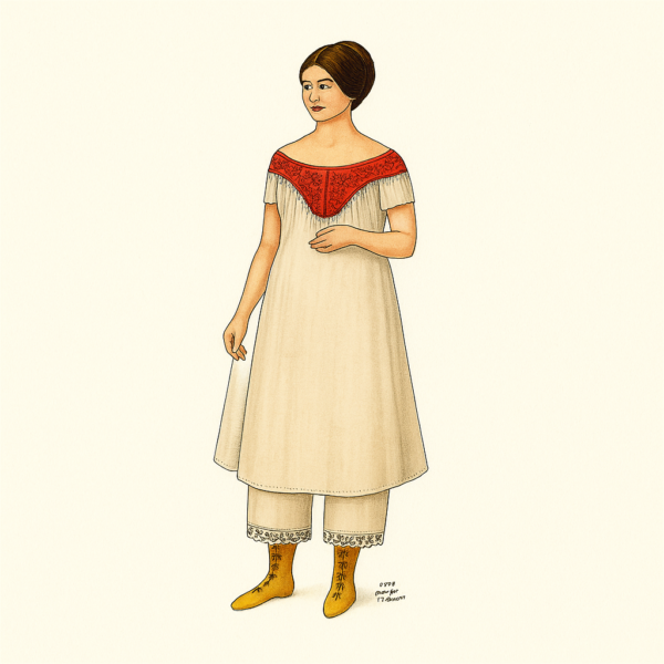 Colorized illustration of an 1860s woman wearing a yoked chemise with red embroidered detailing, cream drawers with lace trim, and mustard yellow stockings — based on Past Patterns 0707 historical sewing pattern.