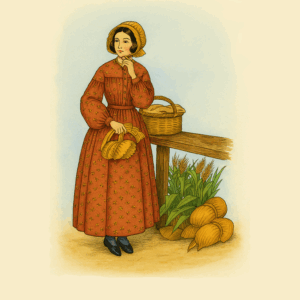 Victorian Sunbonnet Downloads – color illustration of 1800s woman wearing rust-red dress and golden bonnet, holding a matching sunbonnet outdoors near harvest baskets based on Past Patterns 0802 cover artwork