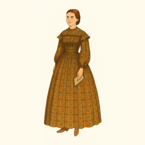 Late 1850s Sheer Muslin Dress Downloads – Colored line drawing of a woman wearing a brown cross-barred Civil War-era gown with red floral accents, based on Past Patterns 0812