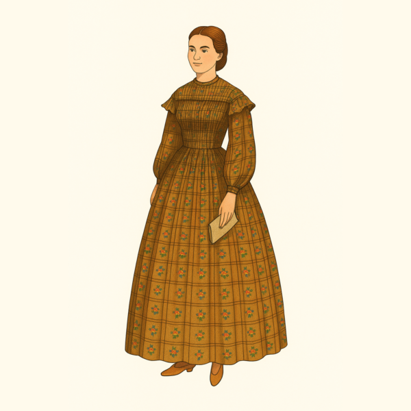Late 1850s Sheer Muslin Dress Downloads – Colored line drawing of a woman wearing a brown cross-barred Civil War-era gown with red floral accents, based on Past Patterns 0812