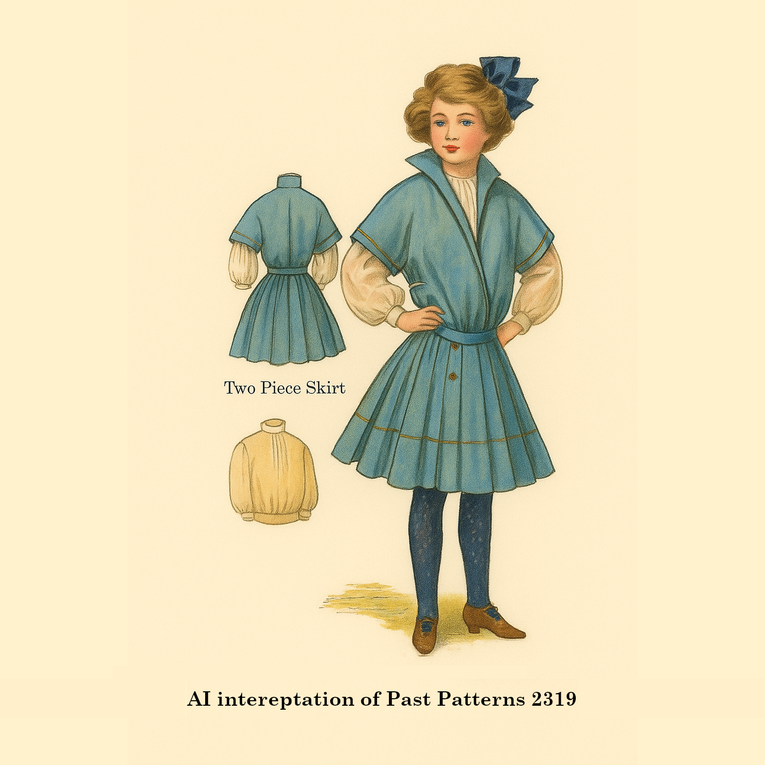 Edwardian Girls Surplice Dress Downloads – Colorized 1908 McCall pattern for a 12-year-old girl, featuring light blue surplice dress, white guimpe, and pleated two-piece skirt.