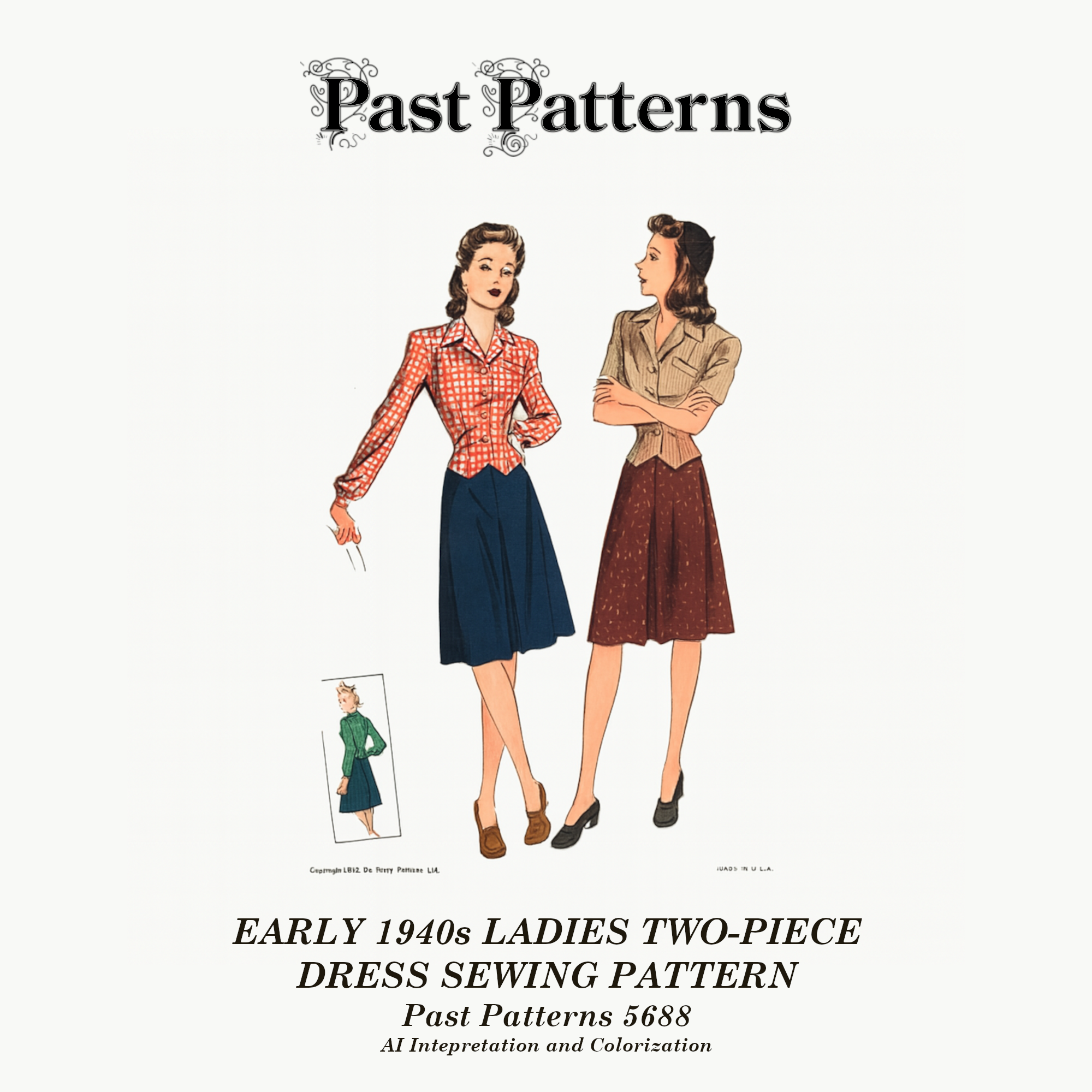 Early 1940s Ladies Two-Piece Dress Sewing Pattern | Past Patterns 5688 – AI colorized line art reproduction of original du Barry cover, showing blouse with notched collar, welt pocket, pleated skirt, and both long and short sleeve variations.