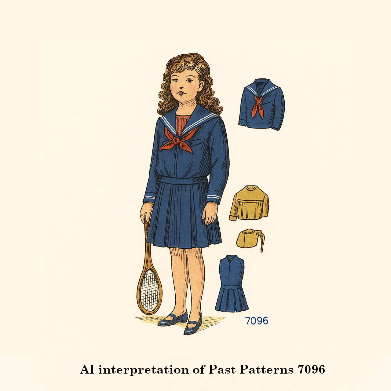 Edwardian Girls Sailor Suit Downloads – colorized 1911 pattern illustration showing a 12-year-old girl in a navy blouse, pleated skirt, and red neckerchief with smaller garment construction views.