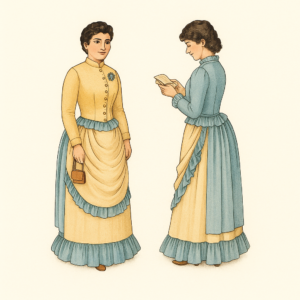 Colorized front and back illustration of the Early 1880s Three Piece Dress Downloads pattern, featuring a fitted bodice with button front, gathered overskirt with ruffle trim, and a full underskirt. Shown in coordinating tones of deep red and cream with historical hairstyles from the 1880s. Image based on the 905/906/907 package front cover.