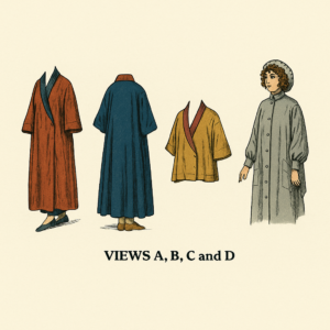 Colorized illustration of Edwardian Kimono Sewing Pattern views A, B, C, and D from 1917, showing variations in robe and sleeve style with historic colors.