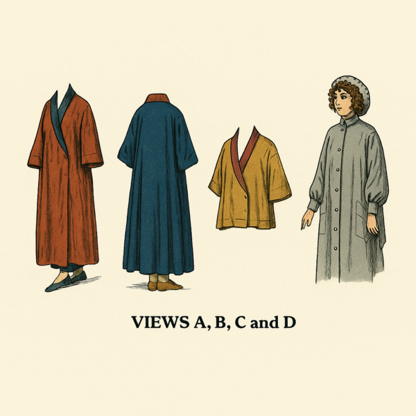 Colorized illustration of Edwardian Kimono Sewing Pattern views A, B, C, and D from 1917, showing variations in robe and sleeve style with historic colors.