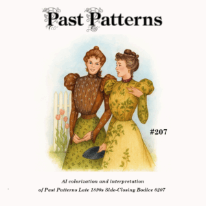 Colorized illustration of the Late 1890s Side Closing Bodice Sewing Pattern by Past Patterns, showing two women in historically accurate gigot-sleeved bodices with floral fabric designs and period hairstyles, standing by a picket fence with tulips based on original 0207 artwork.