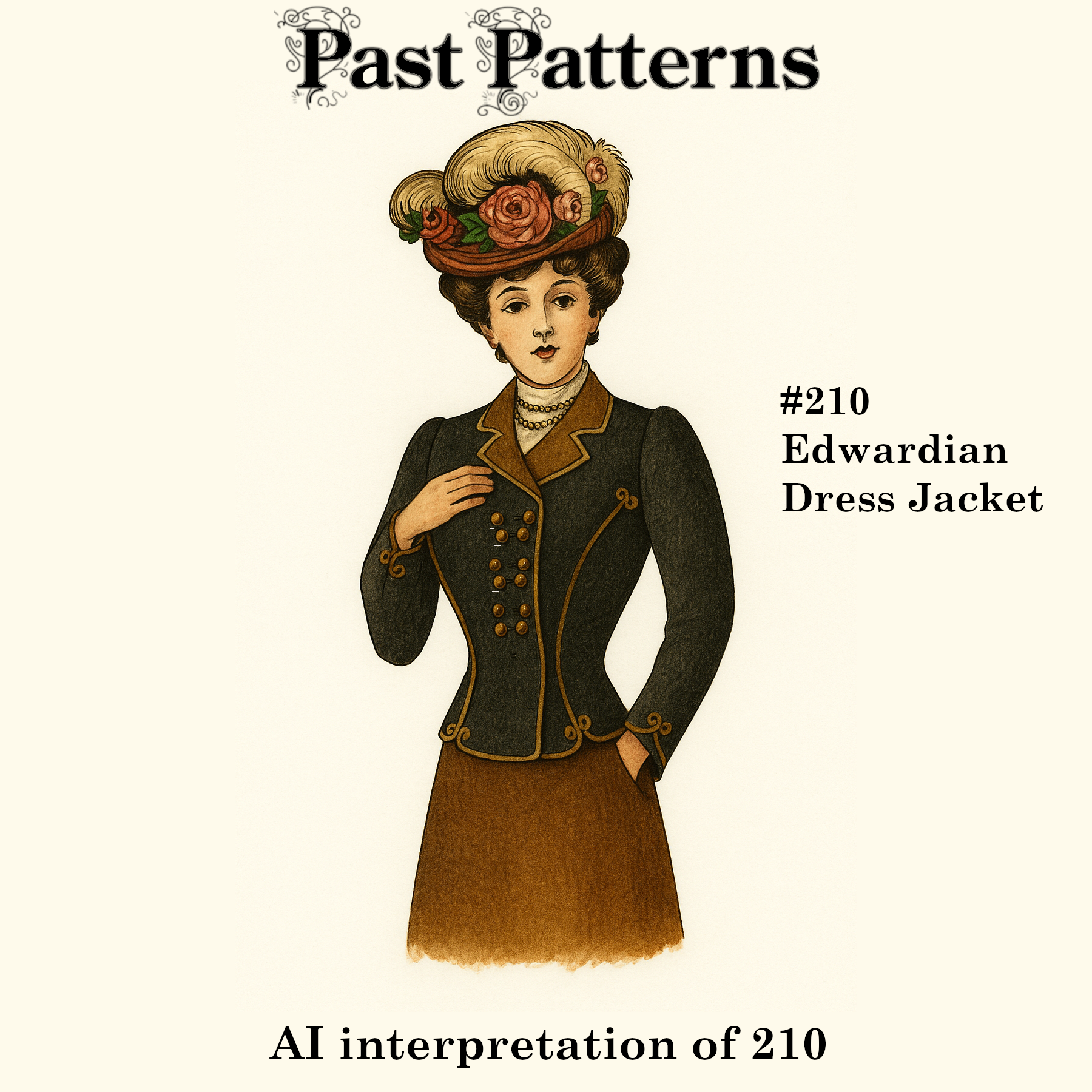 Edwardian Double Breasted Dress Jacket Downloads cover image – woman in tailored black jacket with bronze trim, feathered Edwardian hat, and period jewelry