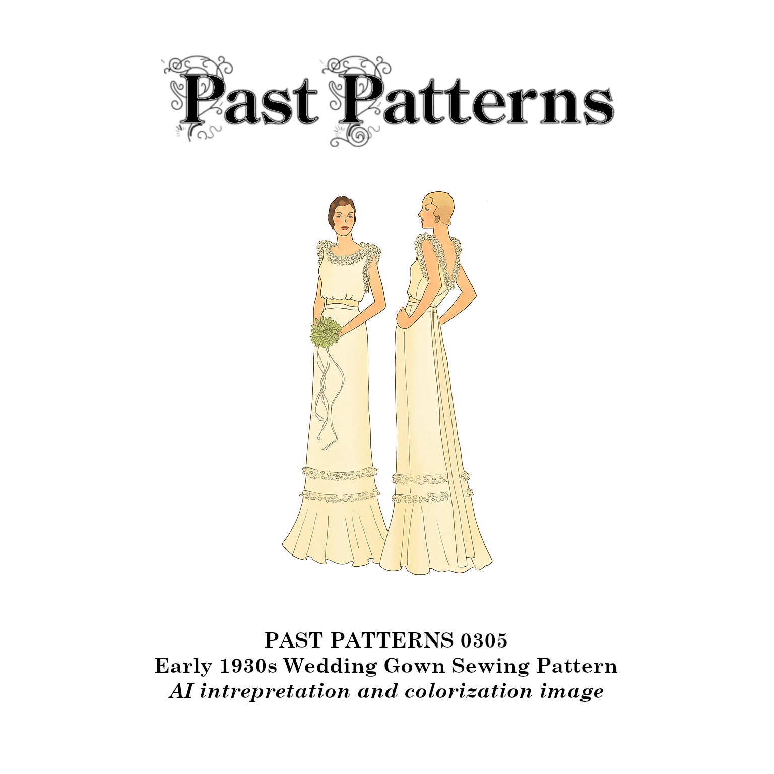 Colorized illustration of Early 1930s Wedding Gown Downloads showing bias-cut bridal dress with ruffled neckline and flounced hem in soft ivory silk.